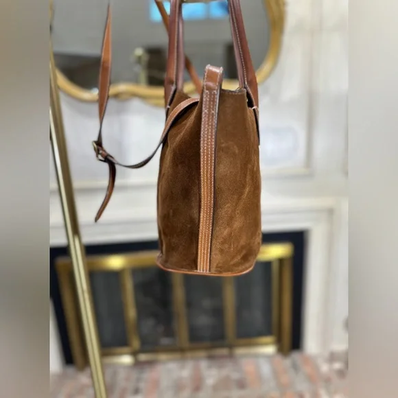 Polo Ralph Lauren Bellport Suede Leather Medium Tote Bag Brown Adjustable Strap - Picture 7 of 16